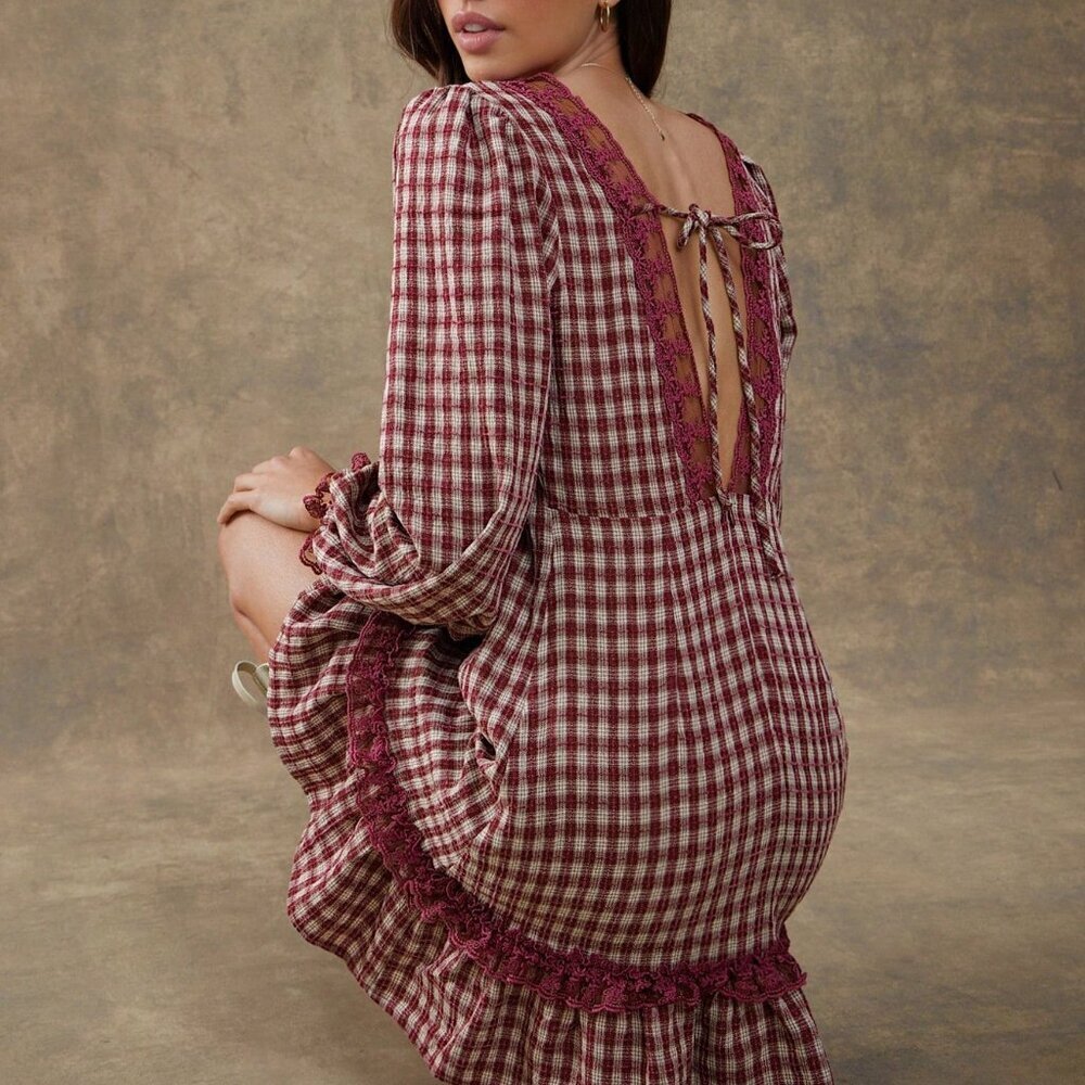 Burgundy Casual Women's Embroidered Plaid Floral Lace V Neck Flare Sleeve Dress - Picture 2 of 6